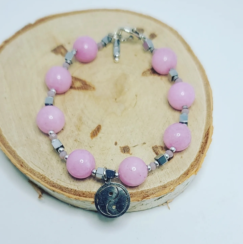 Kunzite, Yin-yang Stainless steel charm bracelet